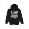 Back view of a black hoodie featuring a large graphic of a Lund boat with the text ‘First Out Last In’ above and below the design