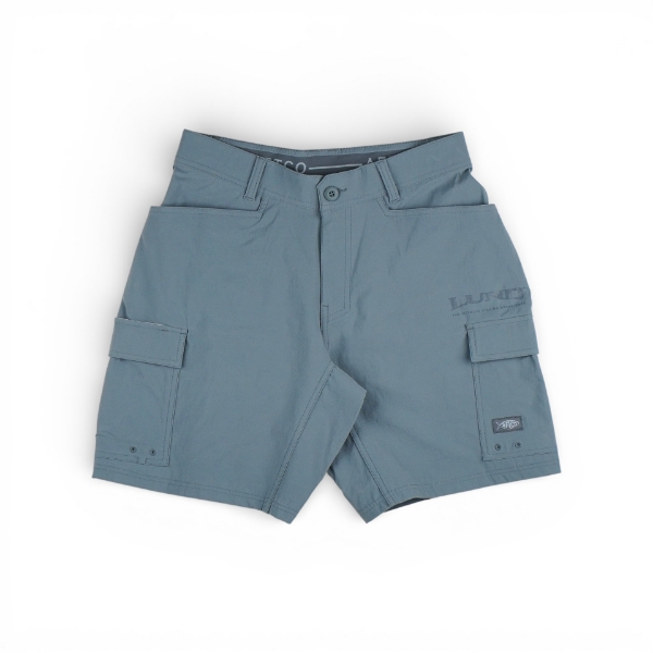 AFTCO Angler's Cargo Shorts in slate blue featuring front slash pockets, cargo pockets, and a button‑fly closure