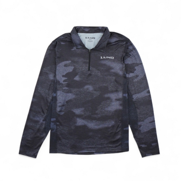 Front view of Performance 1/4 Zip in black camo with Lund logo on chest