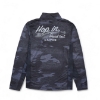 Back view of Performance 1/4 Zip in black camo with “Hop in. Head out.” Lund graphic