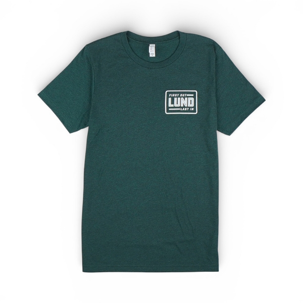 Front view of First Out Last In tee in green with small chest logo