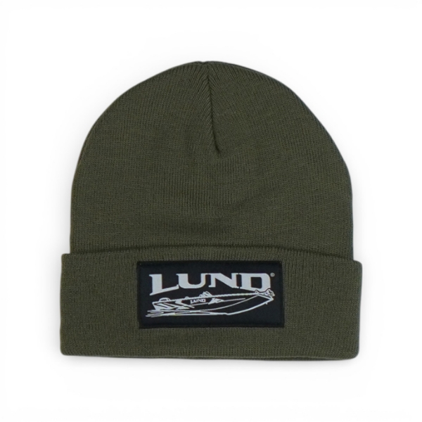 Olive green rib‑knit beanie with a fold‑over cuff featuring a black and white LUND logo patch.