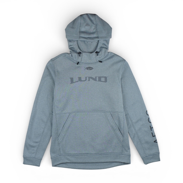 Light gray Lund AFTCO angler-style hoodie with a front kangaroo pocket, drawstring hood, and dark gray Lund logo across the chest, plus AFTCO branding on the left sleeve.