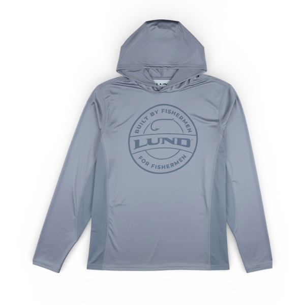 Front view of Lund Built for Fishermen Performance Hoodie in grey with built for fishermen circular Lund logo