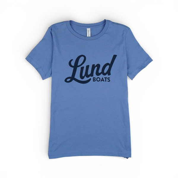 Front view of Women’s Heritage Script Tee in blue with Lund Boats logo