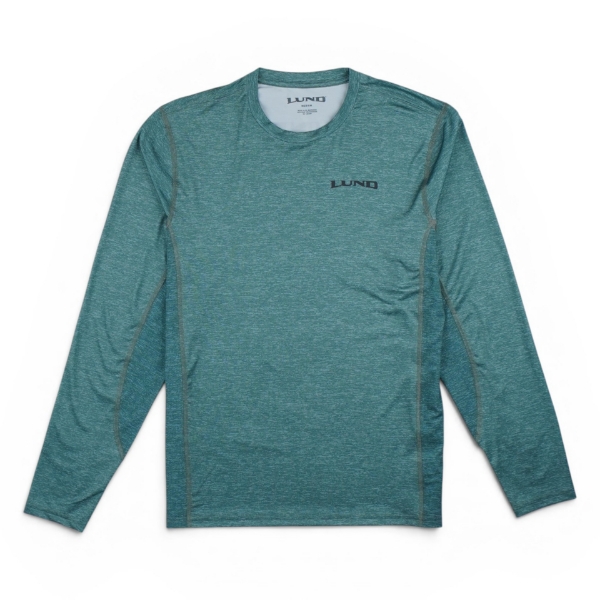 Front view of a teal long-sleeve performance shirt with subtle heathered texture, contrast seam stitching, and a small black Lund logo on the left chest, laid flat on a white background.