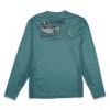Back view of a teal long-sleeve performance shirt featuring a large Lund fish graphic across the upper back with the text “Built by Fishermen. For Fishermen.”, laid flat on a white background.