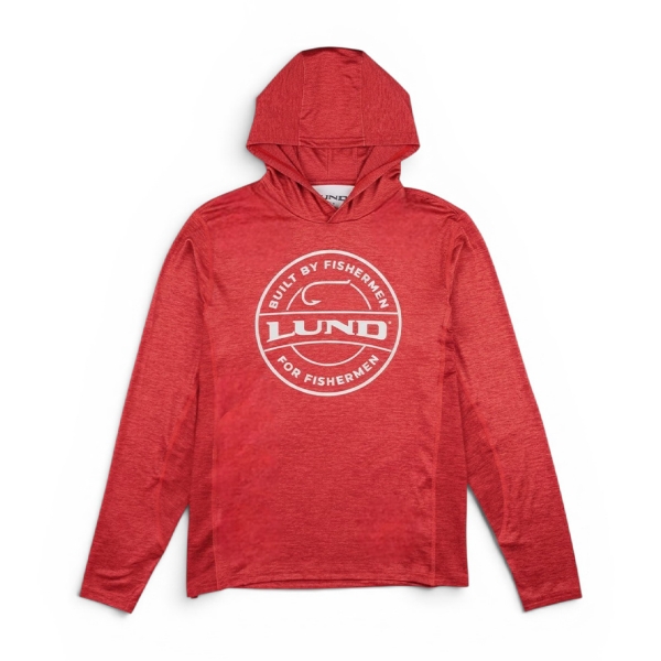 Red long-sleeve performance hoodie featuring Lund “Built by Fishermen for Fishermen” logo on front chest