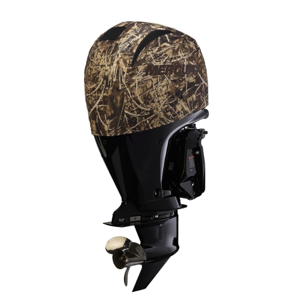 Vented Mercury 150HP splash cover featuring Shoreline Grass camo pattern