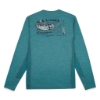 Back view of a teal long-sleeve performance shirt featuring a large Lund fish graphic across the upper back with the text “Built by Fishermen. For Fishermen.”, laid flat on a white background.