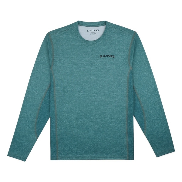 Front view of a teal long-sleeve performance shirt with subtle heathered texture, contrast seam stitching, and a small black Lund logo on the left chest, laid flat on a white background.
