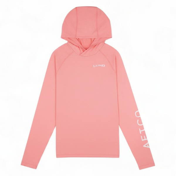 Front of Women’s AFTCO Performance Hoodie – Coral
