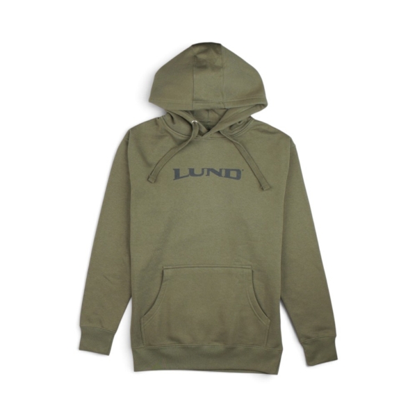Green hoodie with Lund logo printed across the chest.
