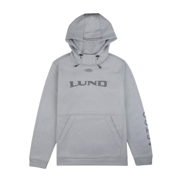 Light gray Lund AFTCO angler-style hoodie with a front kangaroo pocket, drawstring hood, and dark gray Lund logo across the chest, plus AFTCO branding on the left sleeve.