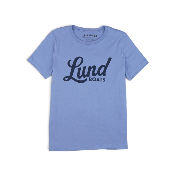 Front view of Women’s Heritage Script Tee in blue with Lund Boats logo
