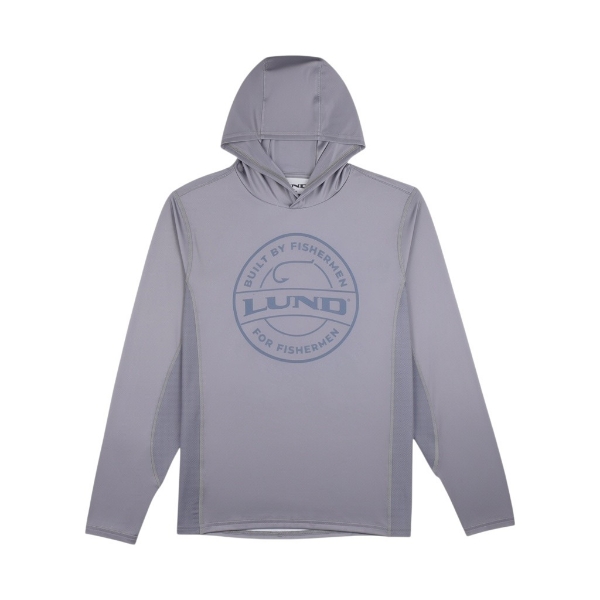 Front view of Lund Built for Fishermen Performance Hoodie in grey with built for fishermen circular Lund logo