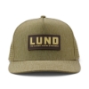 Centered front view of the Lund Olive Expedition Hat showing LUND THE ULTIMATE FISHING EXPERIENCE patch