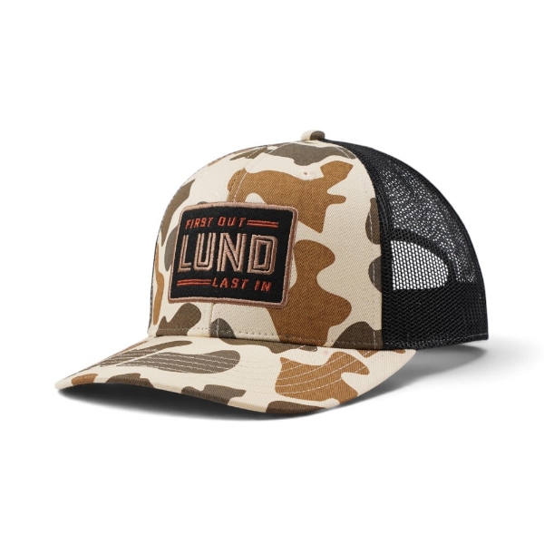 Angled front view of the camo Lund Sportsman's Hat