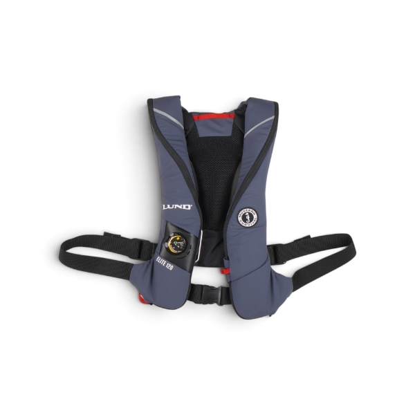 Elite 120 Inflatable PFD in grey, front view with Mustang Survival logo