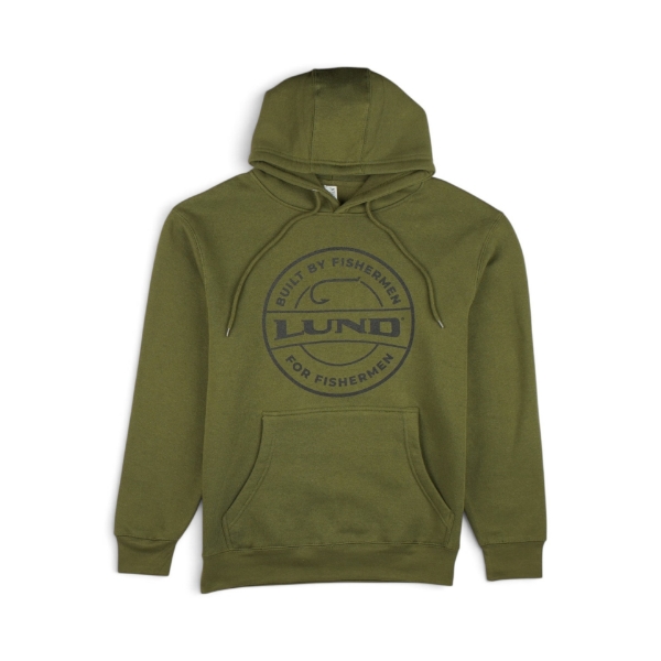 Olive green Lund Angler's Heritage Hoodie, front view with "Built by Fishermen, For Fishermen" circular logo on chest