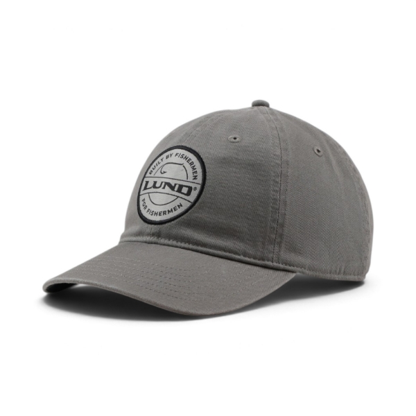 Gray Lund Lakeside Cap, angled front view with circular patch logo