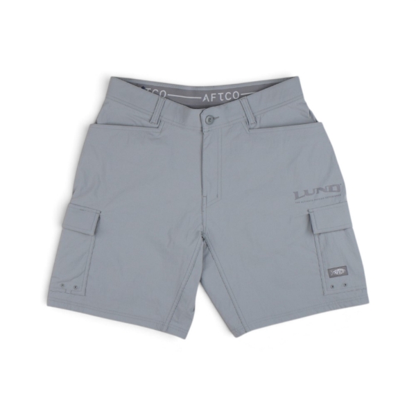AFTCO Angler's Cargo Shorts in slate blue featuring front slash pockets, cargo pockets, and a button‑fly closure