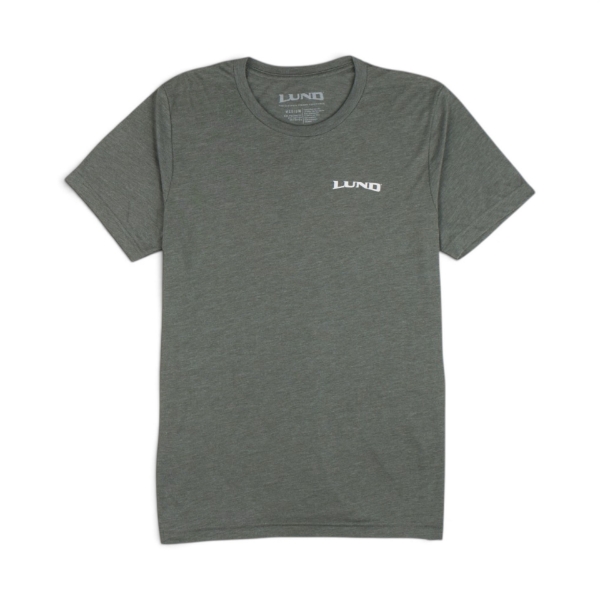 Front view of the Lund Channel Run Tee in gray with small Lund logo on left chest