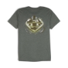 Back view of the Lund Channel Run Tee in gray with detailed Lund boat graphic on the water