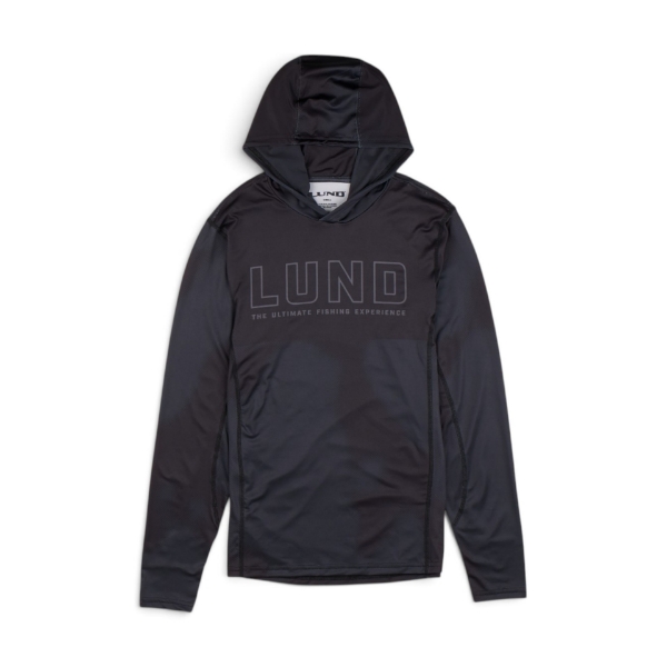 Lund Stealth Sun Hoodie from front showing LUND branding and black camo texture
