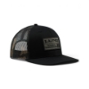 Angled front-right view of the black Lund camo hat showing the embroidered patch and camo mesh back panels
