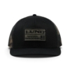 Front view of the black Lund camo hat with a rectangular embroidered Lund patch and a flat bill