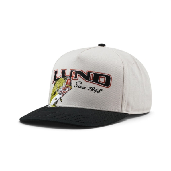 Angled front view of the Lund Big Catch Hat featuring a large jumping fish graphic, Lund logo, and dark bill.