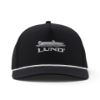 Front view of the black Lund Drift Hat with an embroidered Lund boat logo and white rope accent along the edge of the bill.
