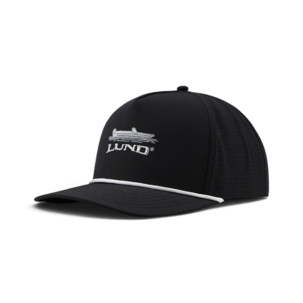 Black Lund Drift Hat shown at an angle, featuring an embroidered Lund boat logo and a white rope detail across the bill.