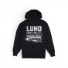 Back view of a black hoodie featuring a large graphic of a Lund boat with the text ‘First Out Last In’ above and below the design
