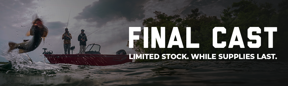 Fish jumping out of water while fishermen stand on Lund boat in background. Final Cast Limited Stock. While Supplies Last text to left.